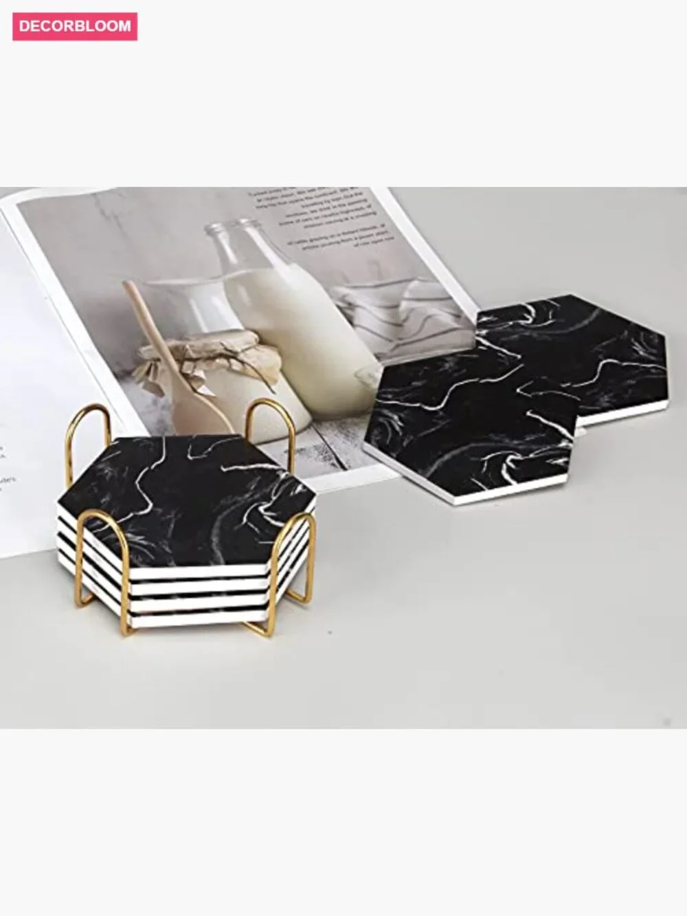 Hexagon Coaster Set with Holder - Absorbent Stone 6 Pack
